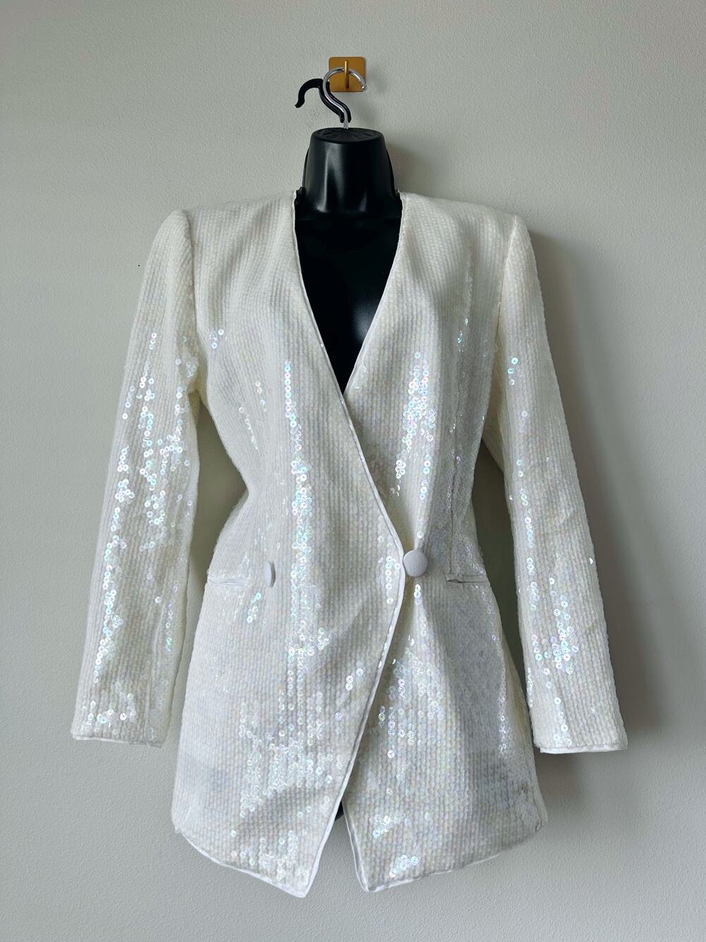Vintage 80s 90s Escada Margaretha Ley White Sequin Linen Blazer Jacket 36 Small